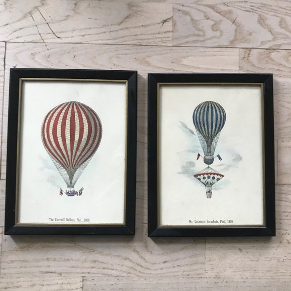 Pair Vintage Hot Air Balloon Lithograph Engravings Art Vauxhall Great Nassau - Picture 1 of 9
